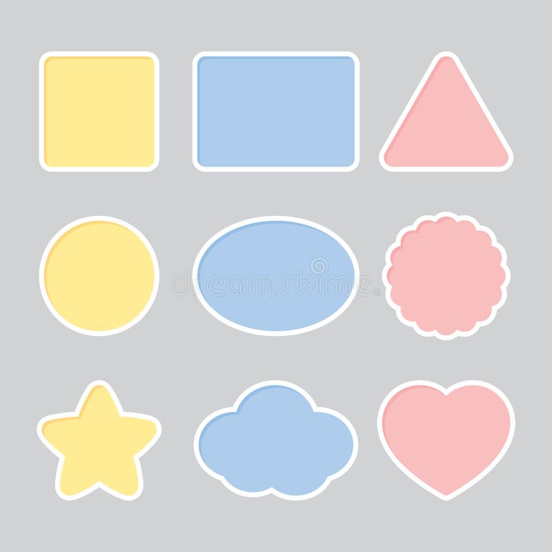 Blank cute colorful frames including square, rectangle, triangle, circle, ellipse, scalloped circle, star, cloud and heart shapes. stock illustration