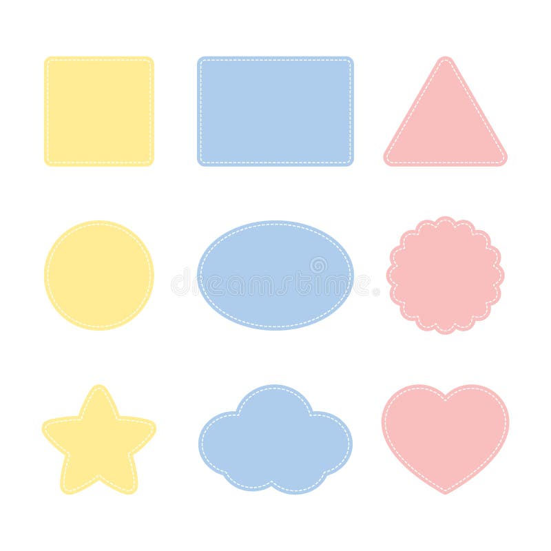 Blank cute colorful frames including square, rectangle, triangle, circle, ellipse, scalloped circle, star, cloud and heart shapes. stock illustration