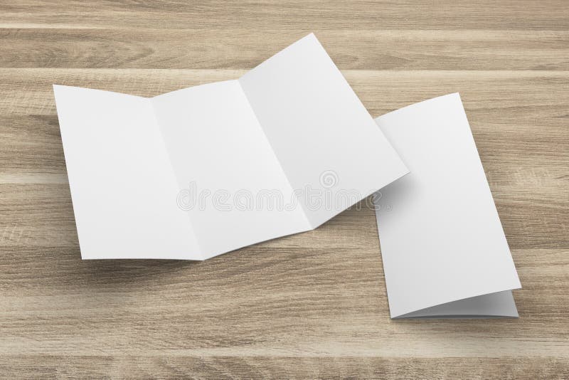 Blank 3D rendering tri-fold brochure mock-up with clipping path on wood No. 1