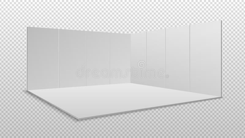 Blank display exhibition. Empty square event stand. White wall and floor. Isolated trade showroom vector mockup