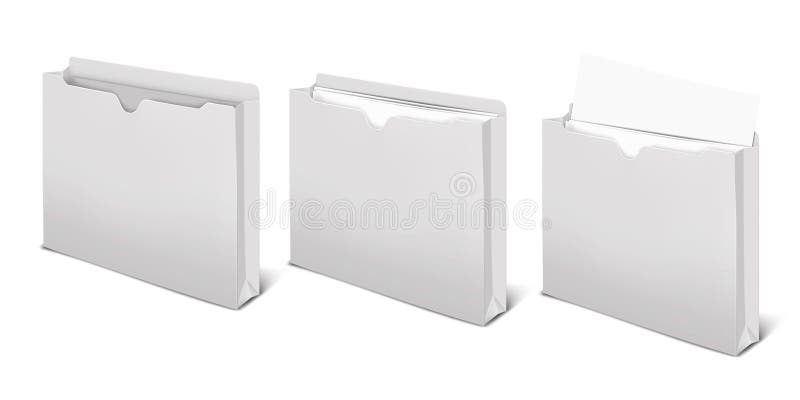 Blank file jacket box with white paper sheets. Realistic vector mockup. Document holder case mock-up vector illustration