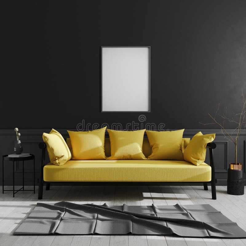 Blank frame on black wall, vertical poster frame mock up in dark modern interior background with yellow sofa, scandinavian style