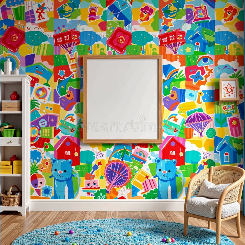 A blank frame centered on a playful, colorful playroom wall, perfect for children art or toy branding mockups vector illustration