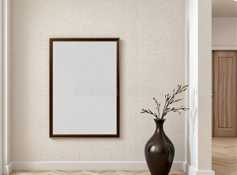 A blank frame centered on a foyer wall, ideal for branding and design applications in a clean, minimalist space. The foyer features a centered blank frame on a simple, neutral-toned wall. The clean space is perfect for adding branding materials, promotional content, or custom artwork