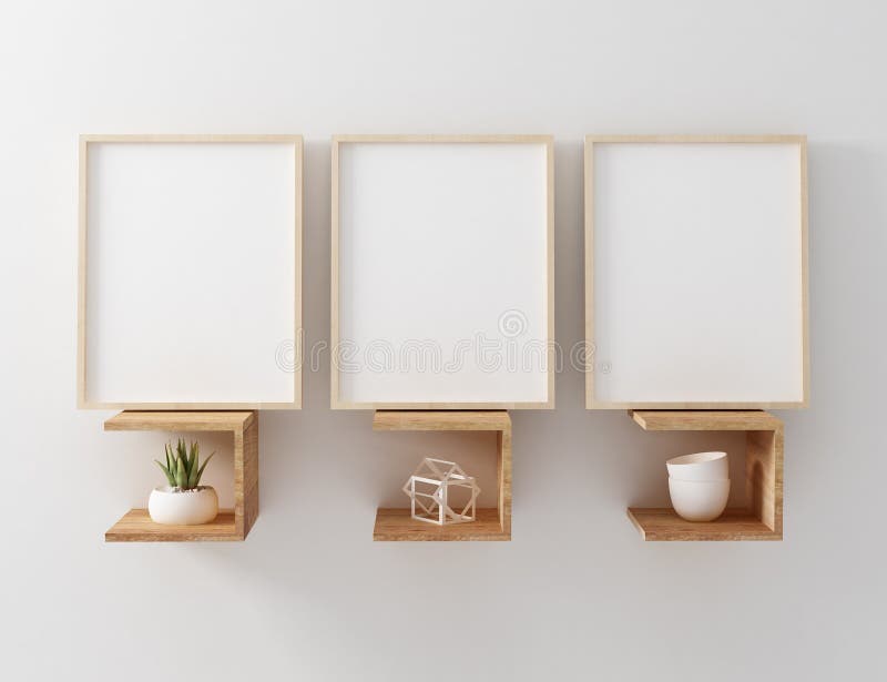 Blank frame mockup hang on wooden floating shelf royalty free illustration