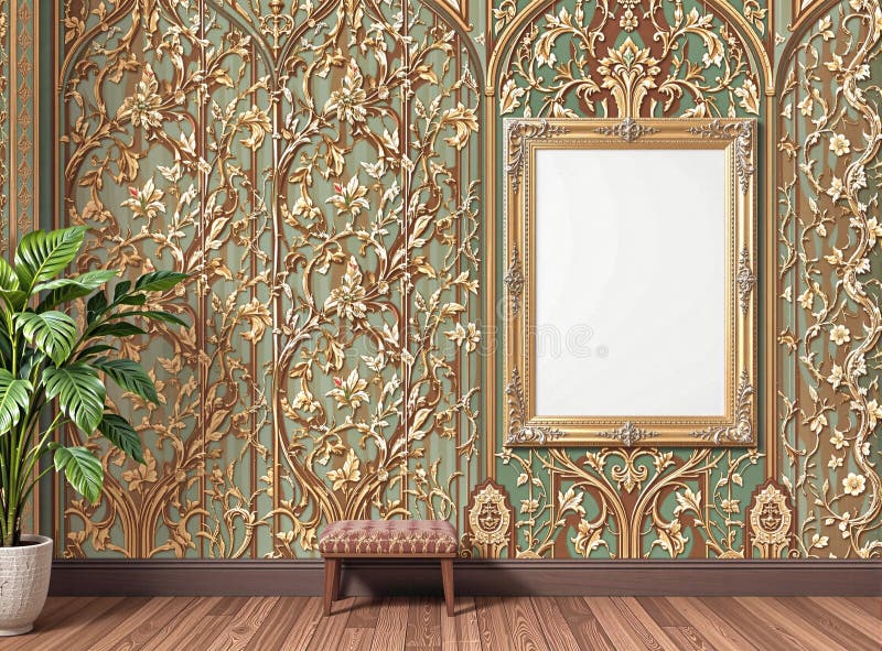 A blank frame placed on a wall featuring intricate Art Nouveau patterns, perfect for design projects royalty free illustration
