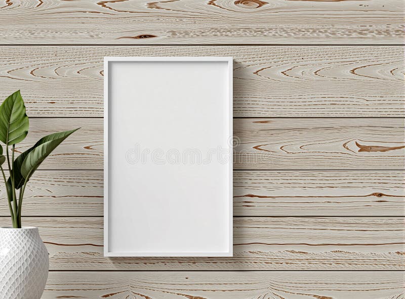 A blank frame set in front of a whitewashed wood wall, perfect for mockups in a minimalist room design stock illustration