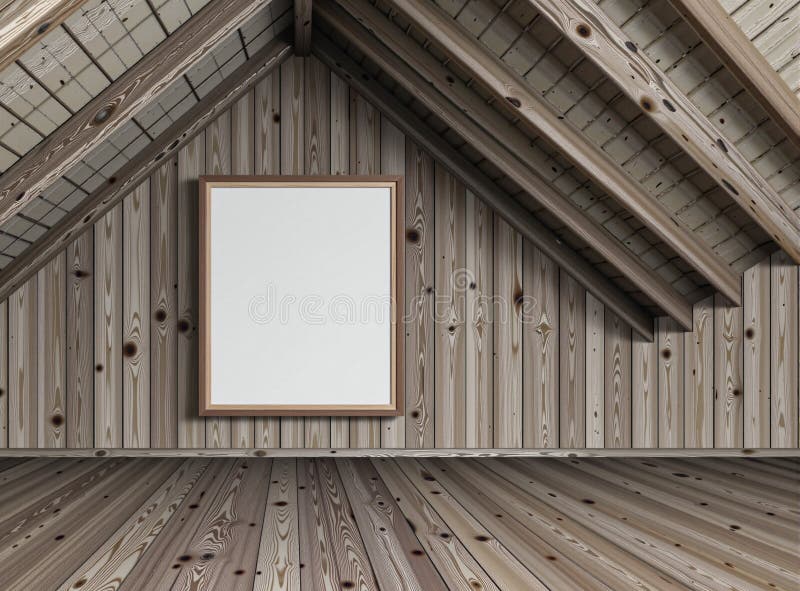 A blank frame in a spacious attic room, with rustic wooden walls for design overlays and mockups stock illustration
