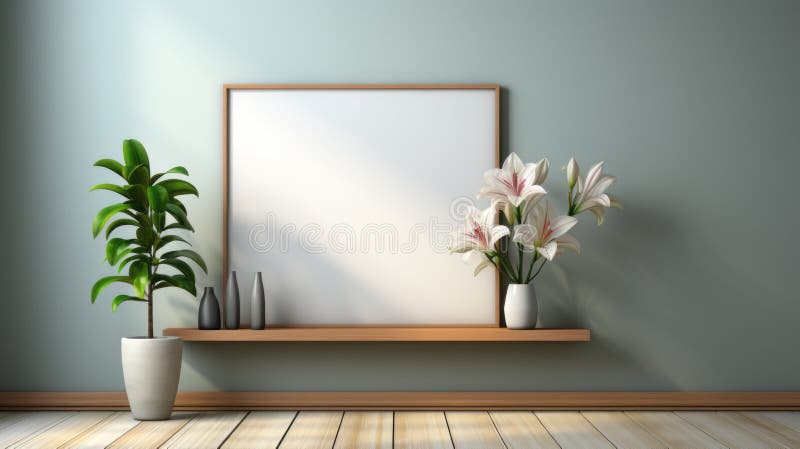 Potted Plants On Shelf With Empty Frame: 3d Render In Kay Sage Style stock illustration