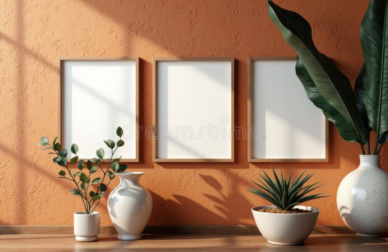 Blank frames on textured orange wall with tabletop plants and soft shadows stock photography