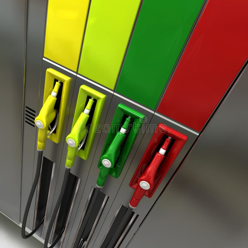 3D rendering of four brightly colored gas pumps with empty labels. 3D rendering of four brightly colored gas pumps with empty labels