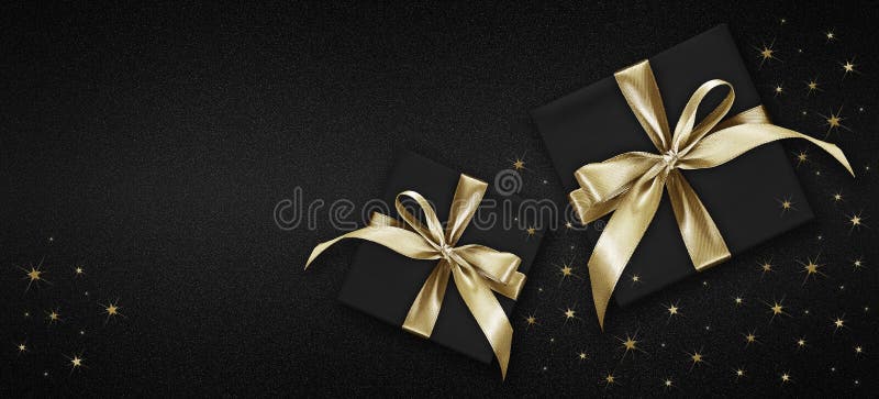 Decorative Black Gift Box With Golden Bow Isolated On White Stock
