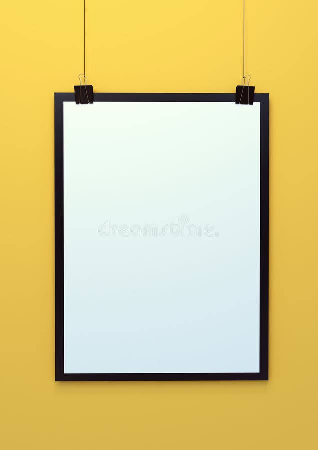 Blank Hanging Poster Template 3d Illustration on Yellow Background