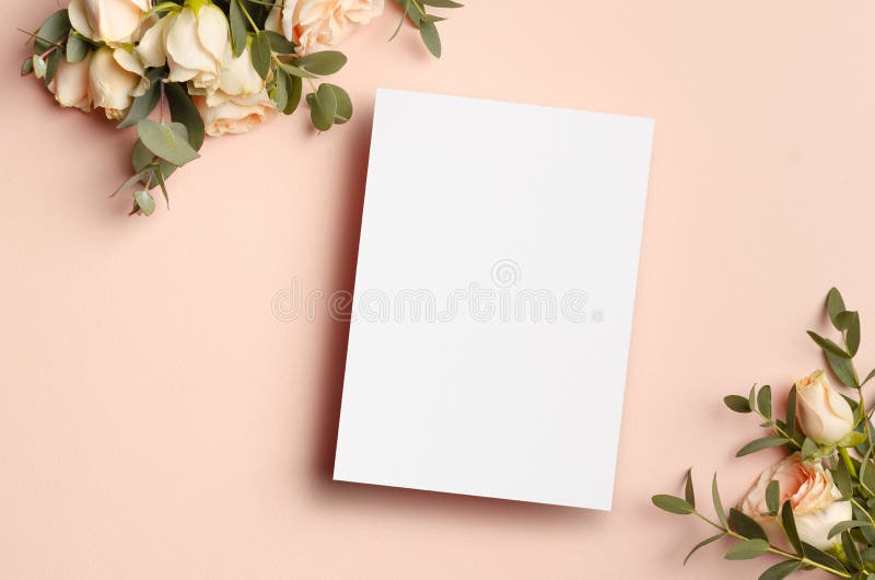 Blank invitation or greeting card mockup with flowers, blank card with copy space royalty free stock photography