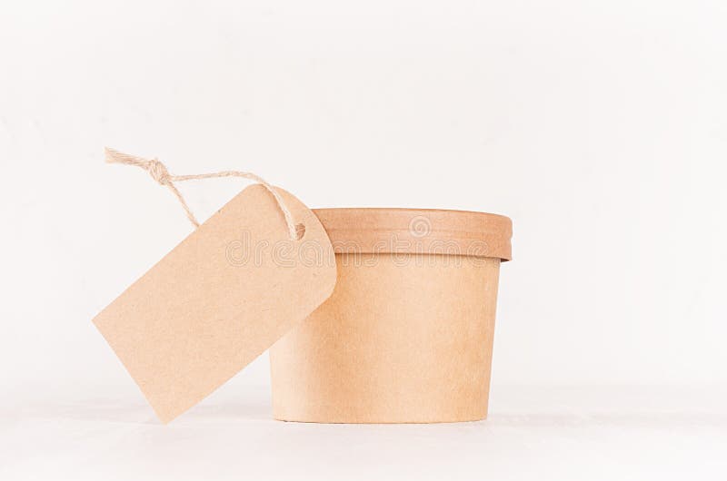 Download Blank Kraft Paper Label And Bowl With Cap For Fast Food On White Wood Table Closeup Food Mockup For Branding Identity Stock Photo Image Of Bowl Cream 137801550
