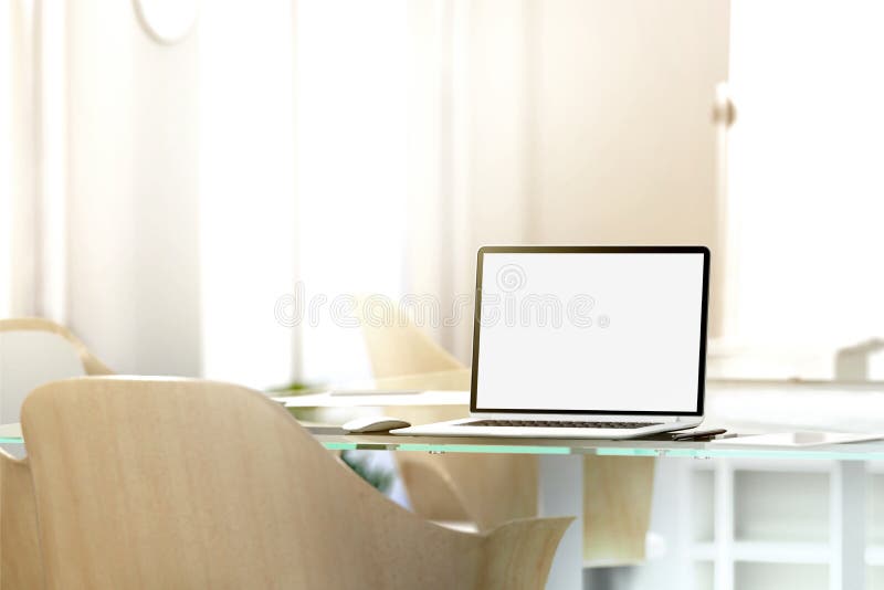 Blank laptop screen mockup in office, depth of field effect