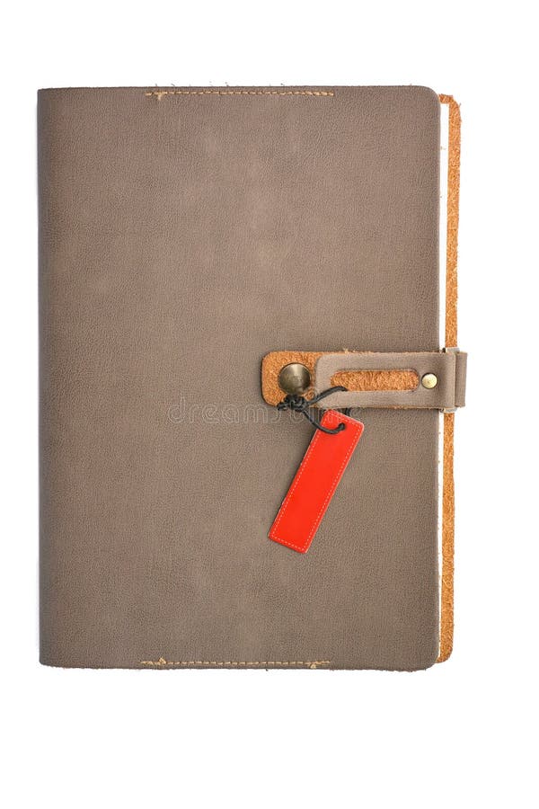 Blank leather notebook cover with tag on white background royalty free stock photo