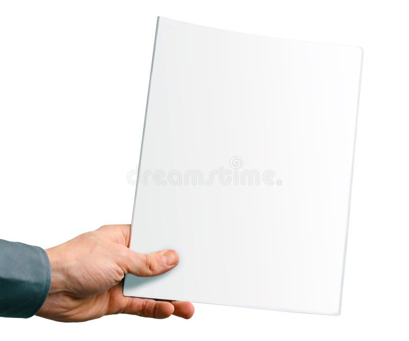 Blank magazine cover in the hand isolated on white. Male hand holding businessman stock images, royalty-free photos and pictures