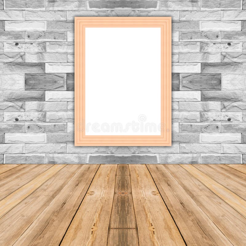 Blank maize wooden photo frame leaning at white brick wall. royalty free stock image Blank maize wooden photo frame leaning at white brick wall. royalty free stock image