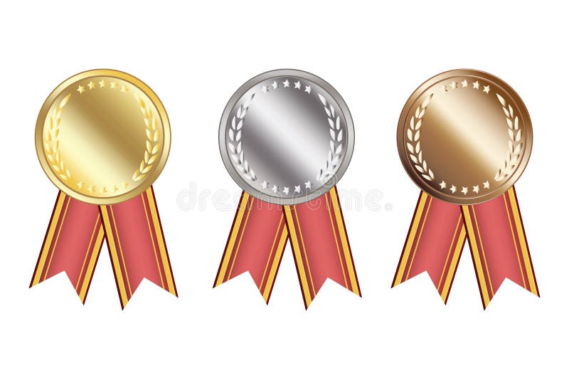 Blank medals with ribbons for game design. First place trophy. Game golden, silver, bronze medal. Stock image.