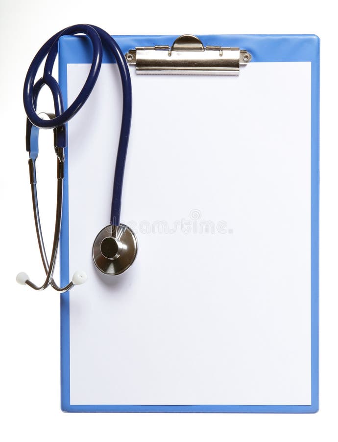 Blank medical clipboard with stethoscope isolated stock photo