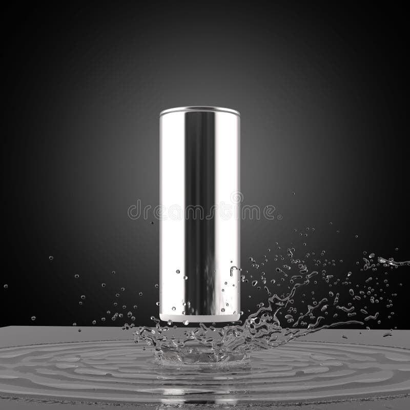 Blank metal energy drink can mock-up with water splash 3d render on dark background
