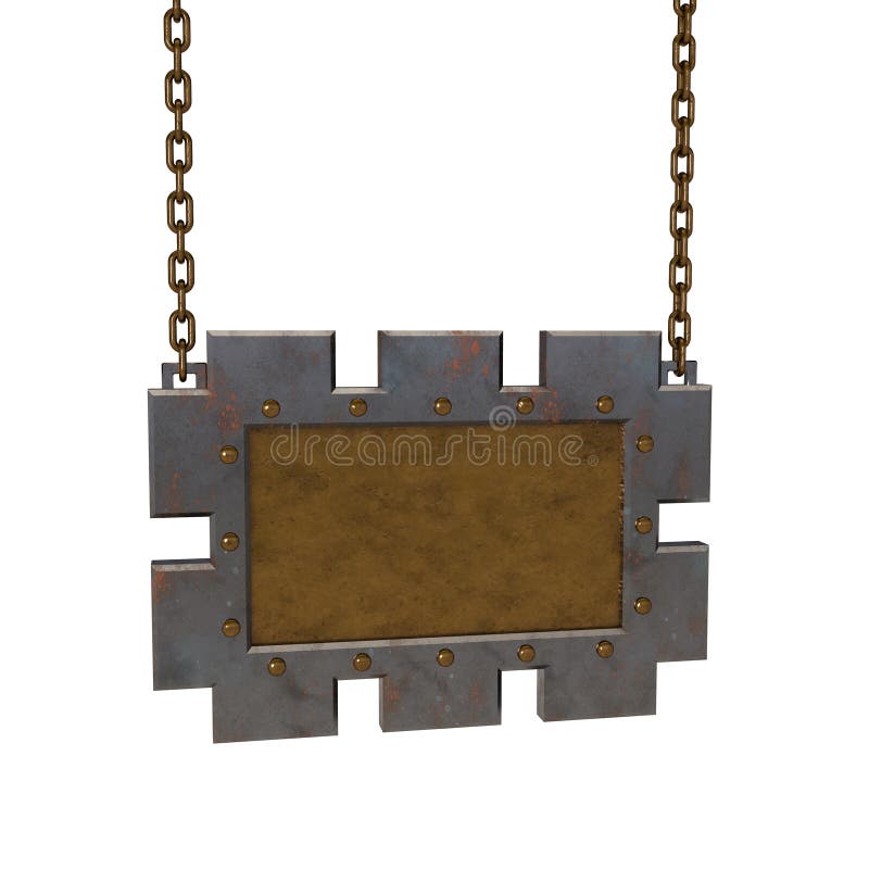 Blank metallic signboard hanging on chain. 3D rendering illustration. royalty free illustration