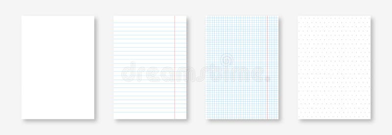 Blank notebook sheets, lined, squared and dotted. Realistic paper sheet, notepad page and copybook page stock illustration