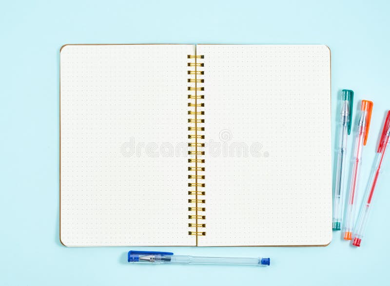 Blank Notepad Page in Bullet Journal on Blue Office Desktop. Top View of  Modern Bright Table with Notebook Stock Photo - Image of student, concept:  144303472