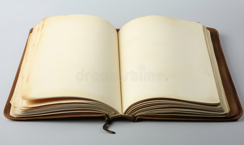 Blank open book with empty pages, leather cover, vintage style, ideal for writing, journaling, or sketching stock photo