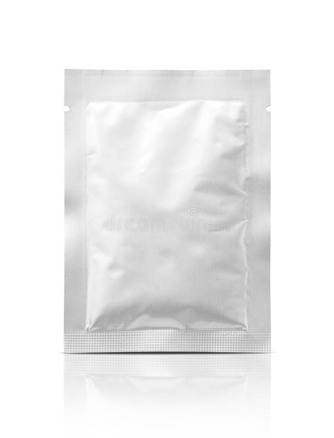 Blank packaging foil sachet isolated on white background stock photo