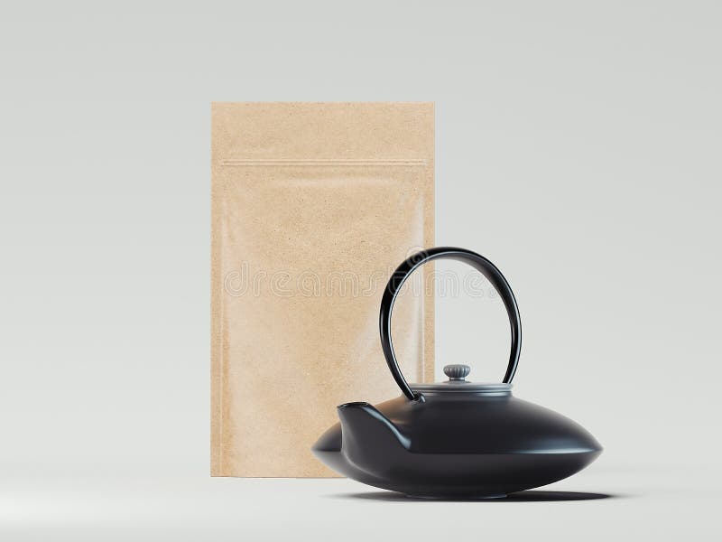 Blank Packaging Recycled Kraft Paper Bag with Black Teapot. 3d