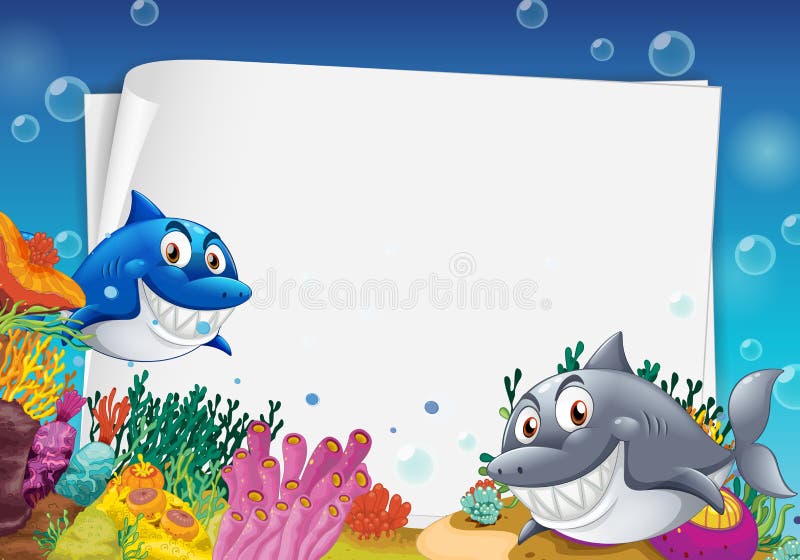 Blank Paper Template with Many Sharks Cartoon Character in the ...