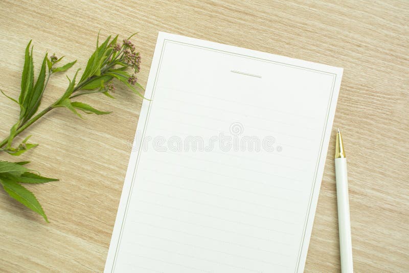 Blank paper on wooden table with flowers. blank. white paper mock-up stock image