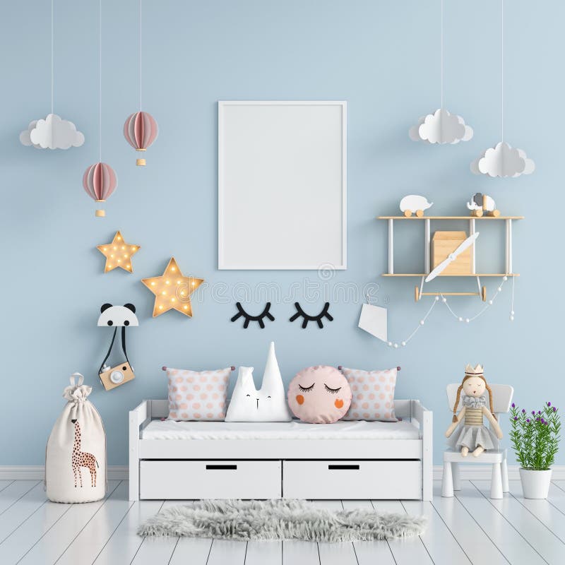 Blank photo frame mockup in blue child bedroom, 3D rendering