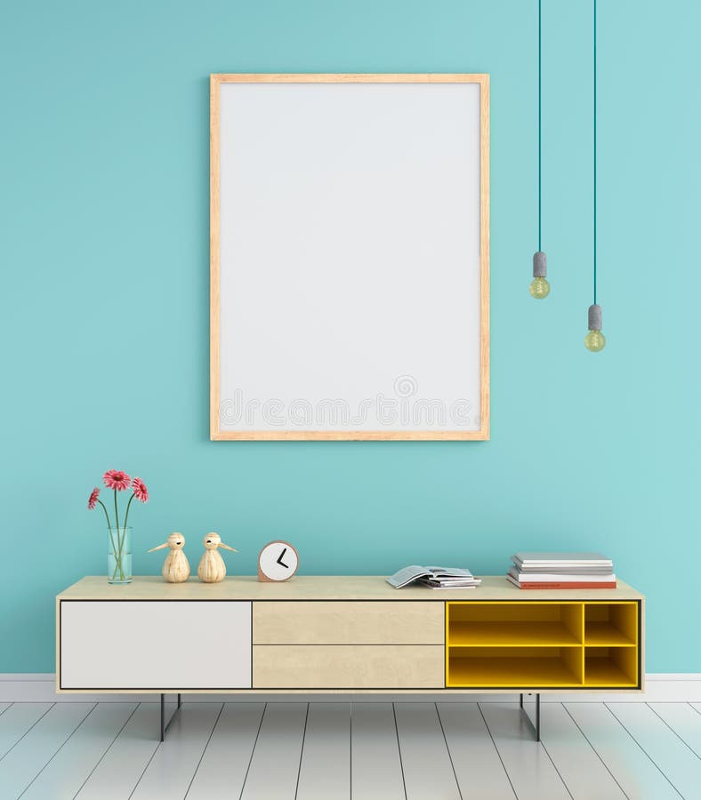 Sideboard and blank photo frame for mockup on wall, 3D rendering