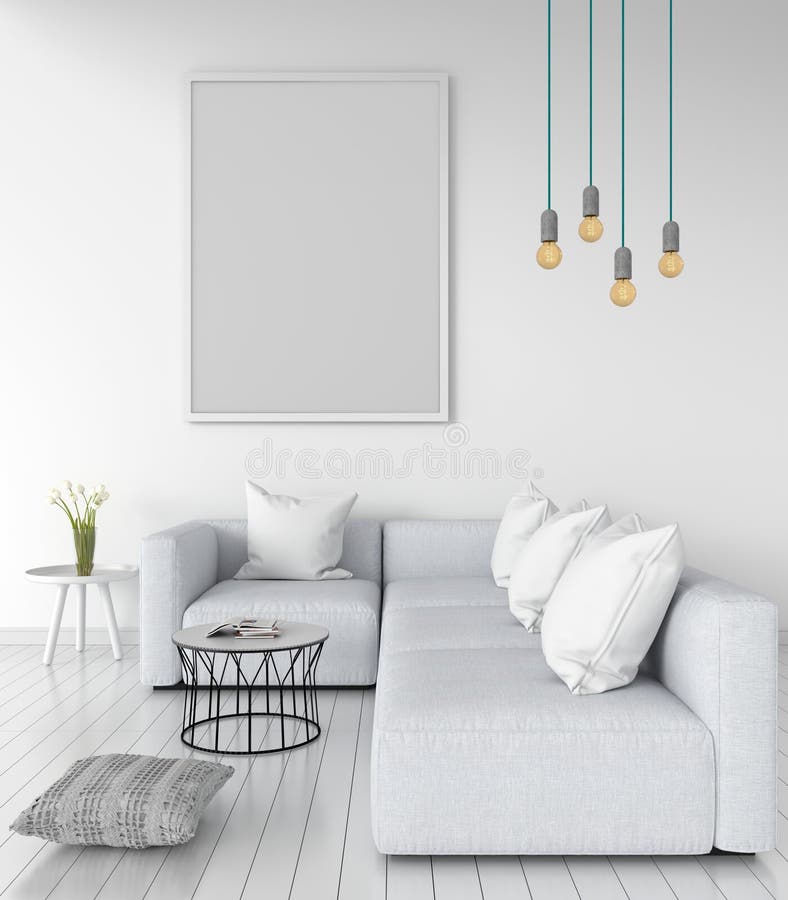 Blank photo frame for mockup on wall in living room, 3D rendering