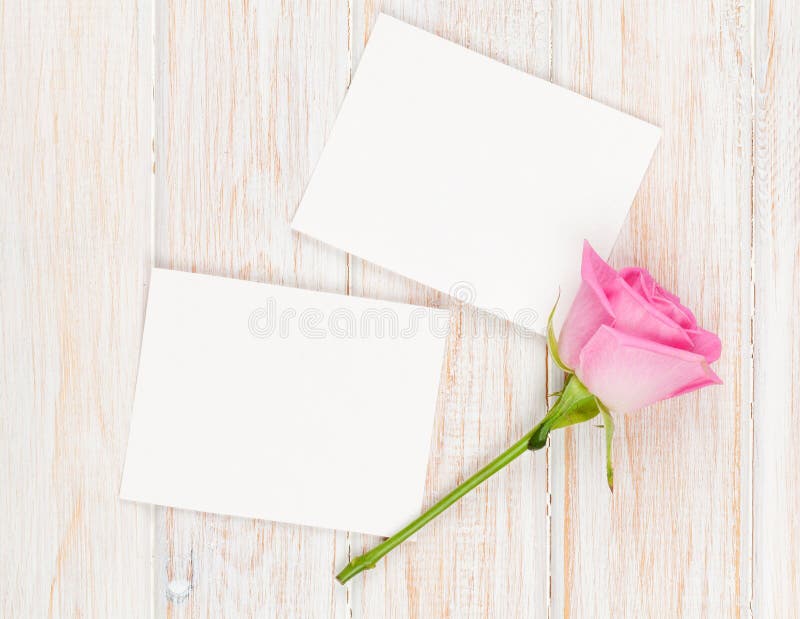 Blank photo frames and pink rose over wooden table