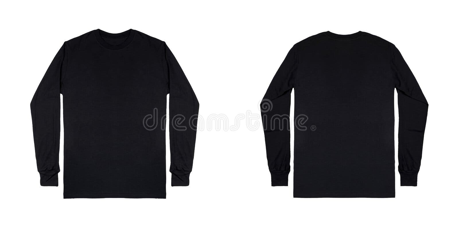 Long Sleeve Black T-shirt Front and Back Side View Isolated on White ...