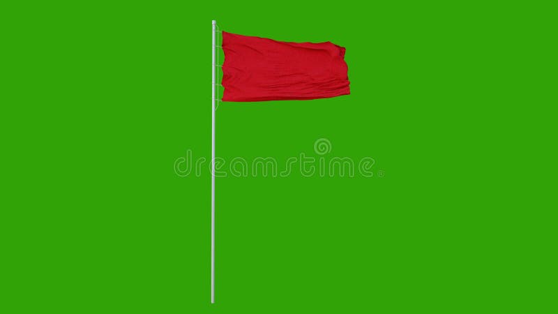 Blank plain red flag with flagpole waving in the wind, 3D animation with green screen, 4K stock illustration