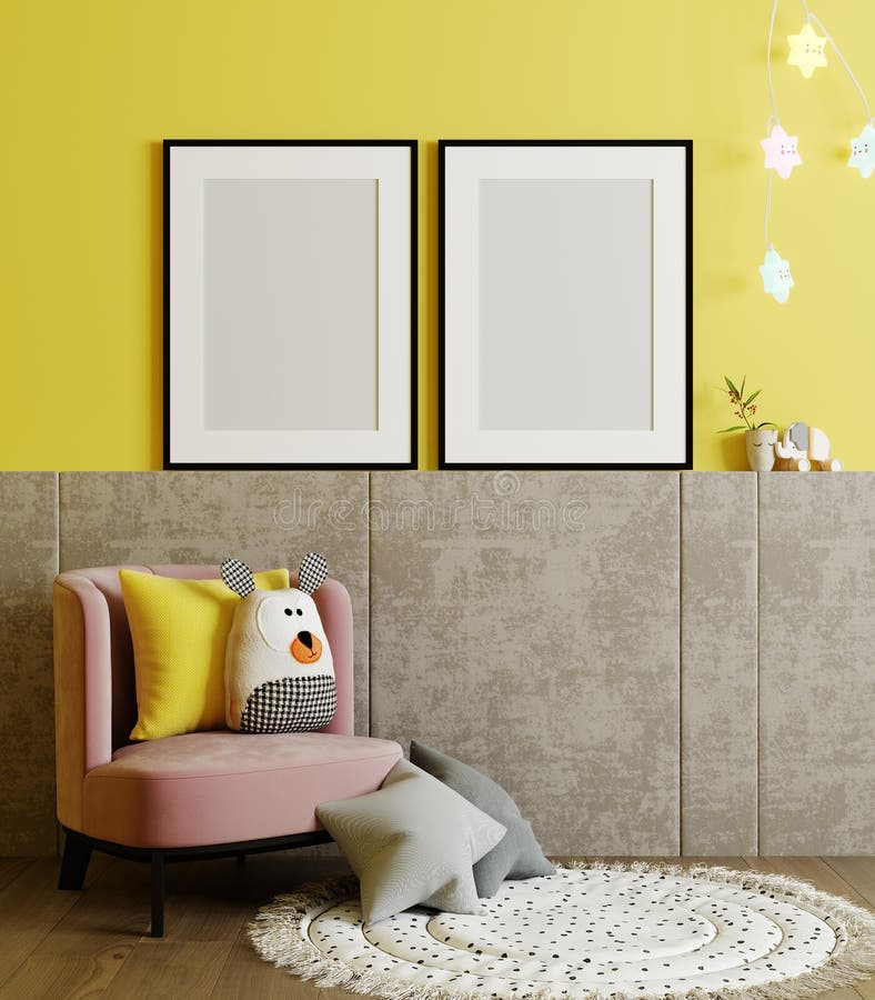 Blank poster frames mock up on yellow wall in children room interior background with armchair, soft toys, 3d rendering stock illustration