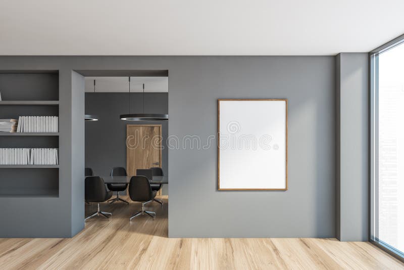 Blank Poster Mockup in the Grey Office Room with Chairs and Wooden Door  Stock Illustration - Illustration of frame, clear: 199798293