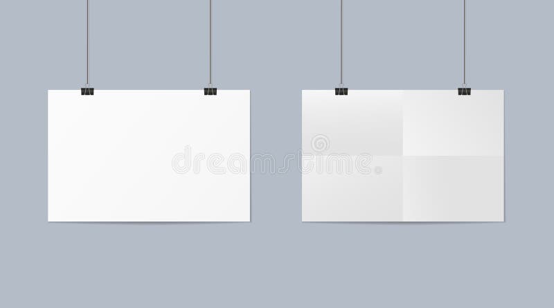 Blank poster. White paper mockup. A4 sheet with folds. Horizontal templates of sheet with clips. Newspaper frame with shadow, hang
