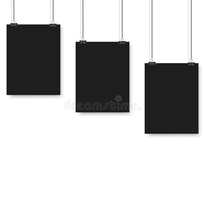 Blank Posters Hanging on a Binder Clips. A4 White Paper Sheet Hangs on