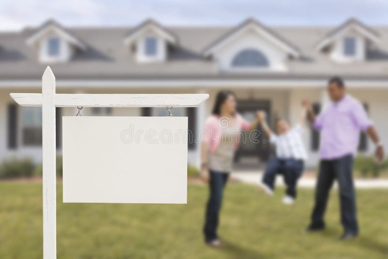 Blank Real Estate Sign and Hispanic Family in Front of House stock photos Blank Real Estate Sign and Hispanic Family in Front of House stock photos