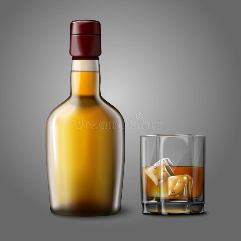 Blank realistic bottle with glass of whiskey and