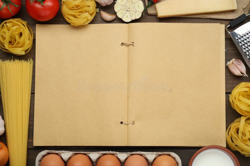 Blank Recipe Book and Different Ingredients on Wooden Table, Flat Lay ...