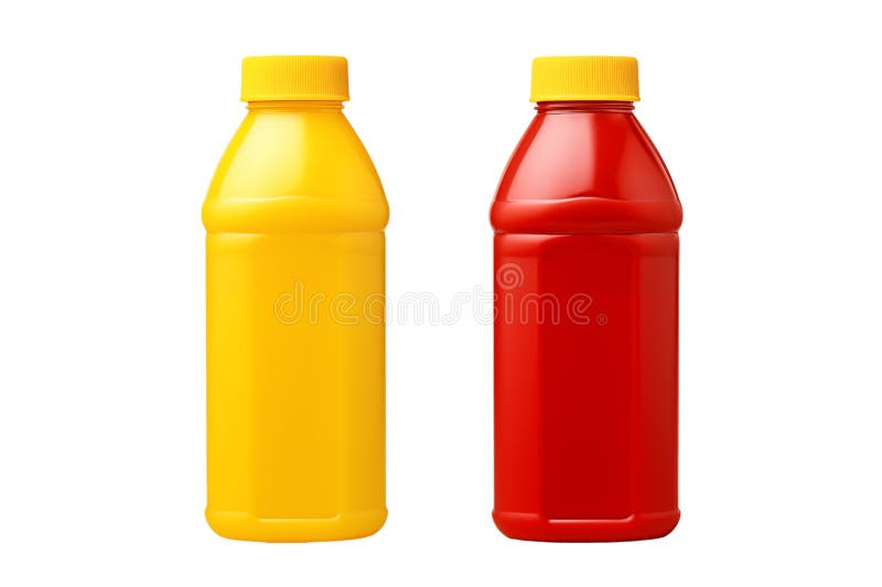 Blank ketchup bottle and blank mustard bottle isolated on transparent background. Generative ai royalty free illustration