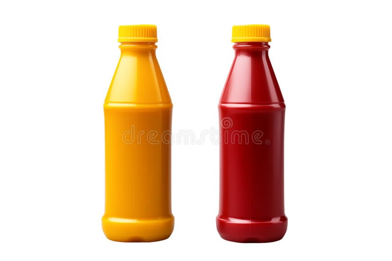 Blank ketchup bottle and blank mustard bottle isolated on transparent background. Generative ai royalty free illustration