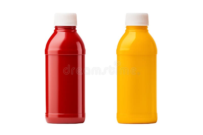 Blank ketchup bottle and blank mustard bottle isolated on transparent background. Generative ai vector illustration